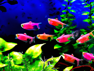 An image showcasing a vibrant aquarium filled with lush green plants, providing a natural habitat for a school of Rosy Tetras